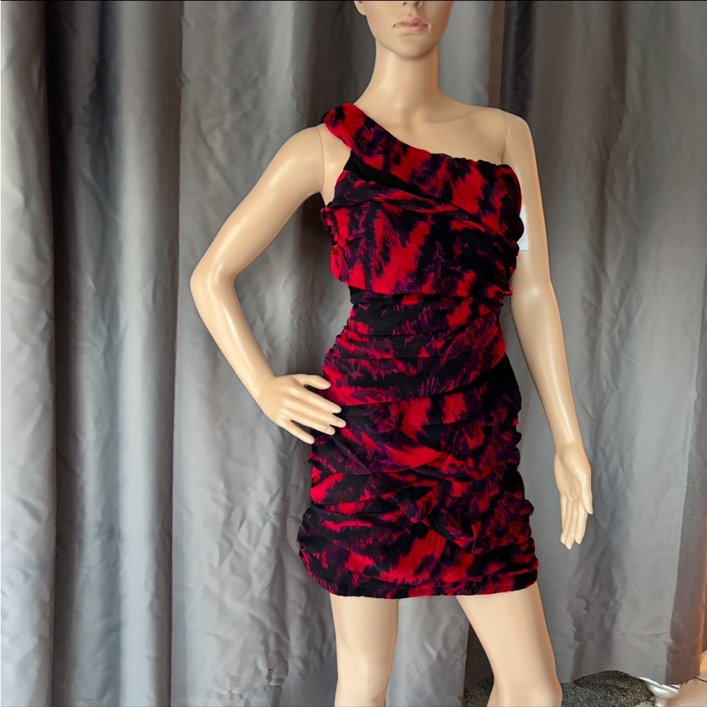 Snap Red and Black Asymmetrical Ruched Bodycon Dress